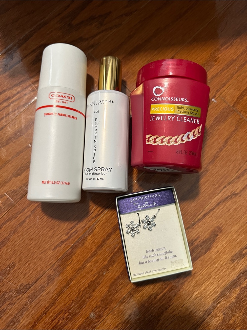 Fabric cleaner, room spray, earings and Connoisseurs Precious Jewelry Cleaner